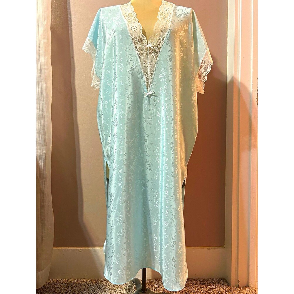 Vtg 80s Shirley of Hollywood Blue Satin Floral Kaftan Nightgown Lace  Lounger OS